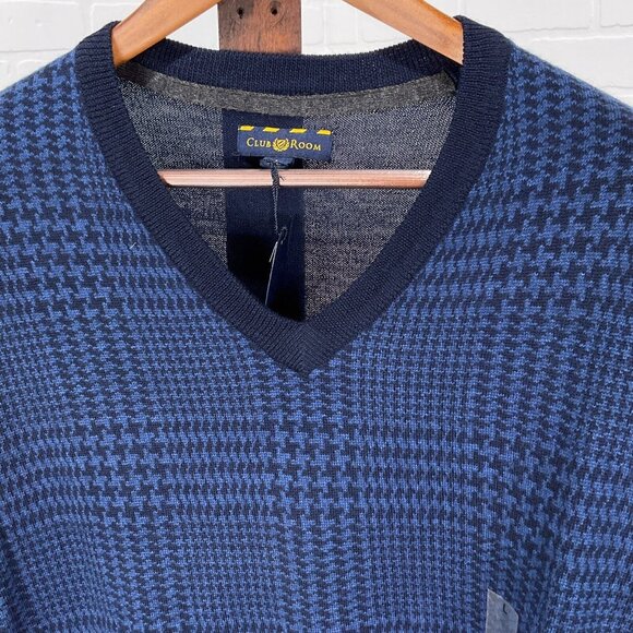 Club Room Sweater Mens Large Blue Black Houndstooth Classic Merino Wool NWT - Picture 2 of 10